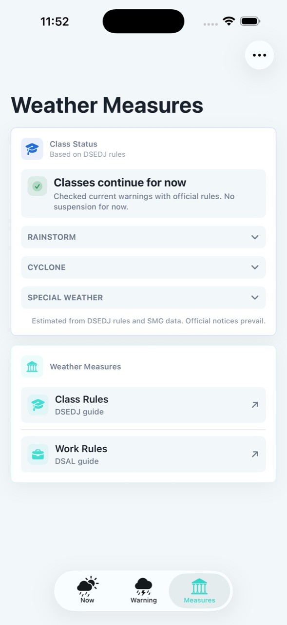 Weather Measures page showing class status and government guidance links