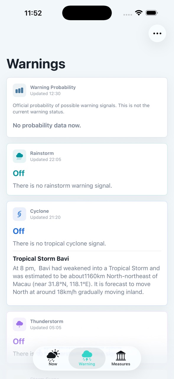 Warnings page showing rainstorm, cyclone and thunderstorm cards