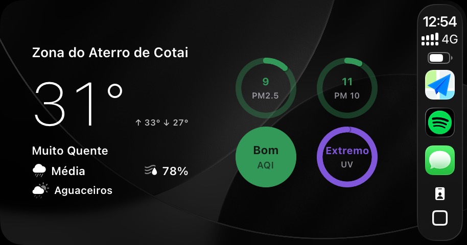 Ecrã CarPlay com tempo atual, qualidade do ar e índice UV