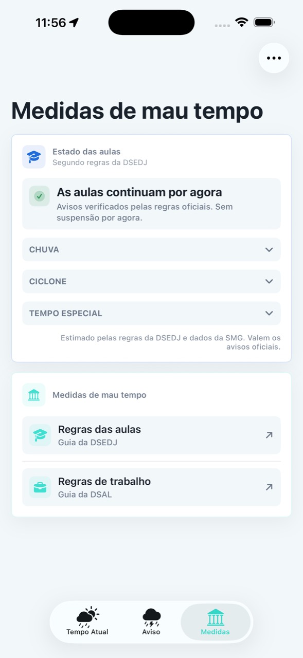 Página Medidas de mau tempo com estado das aulas e guias oficiais