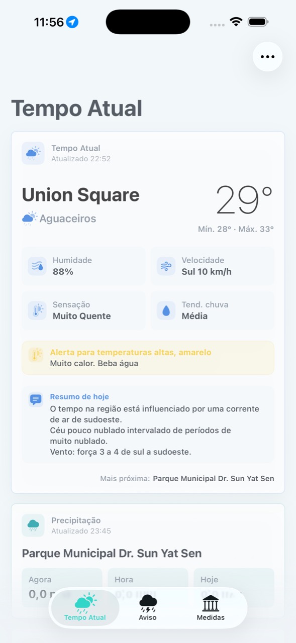 Página Tempo Atual com meteorologia atual e precipitação