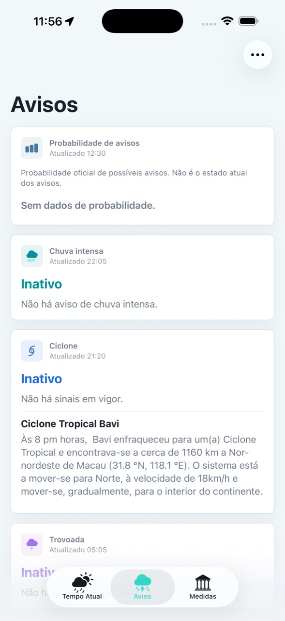 Página Avisos com chuva intensa, ciclone e trovoada