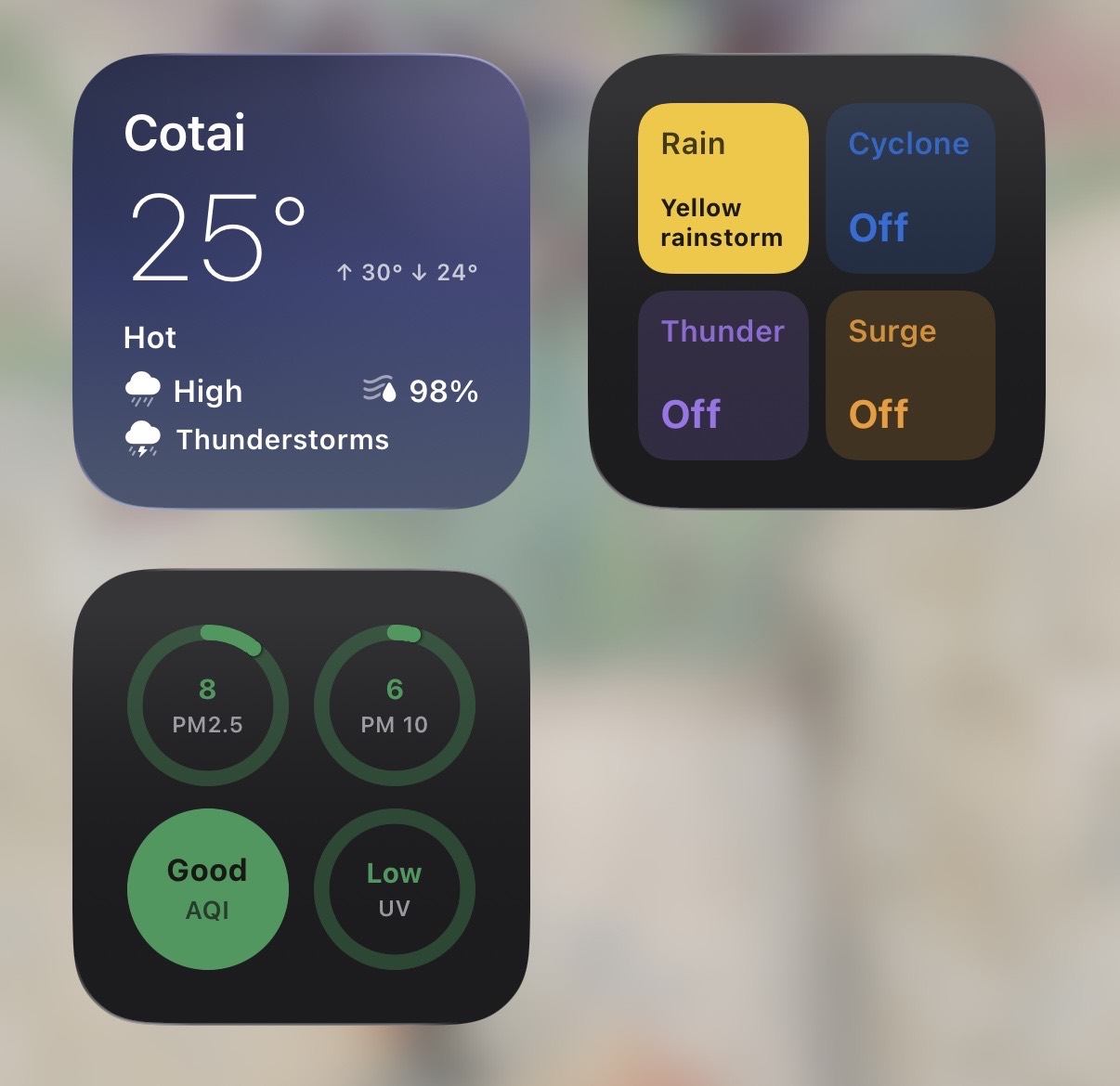 Home Screen widgets showing current weather, warning status, air quality and UV information