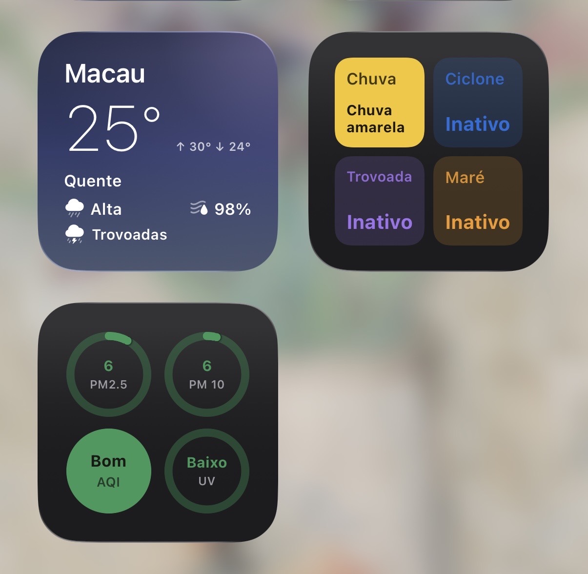 Widgets do ecrã principal com tempo atual, avisos, qualidade do ar e índice UV