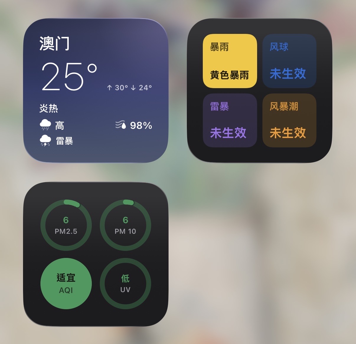 主屏幕 Widget，显示即时天气、警告状态、空气质量及紫外线资料