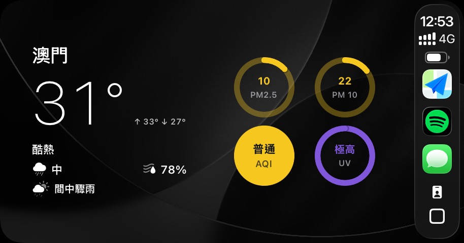 CarPlay 畫面，顯示即時天氣、空氣質素及紫外線資料